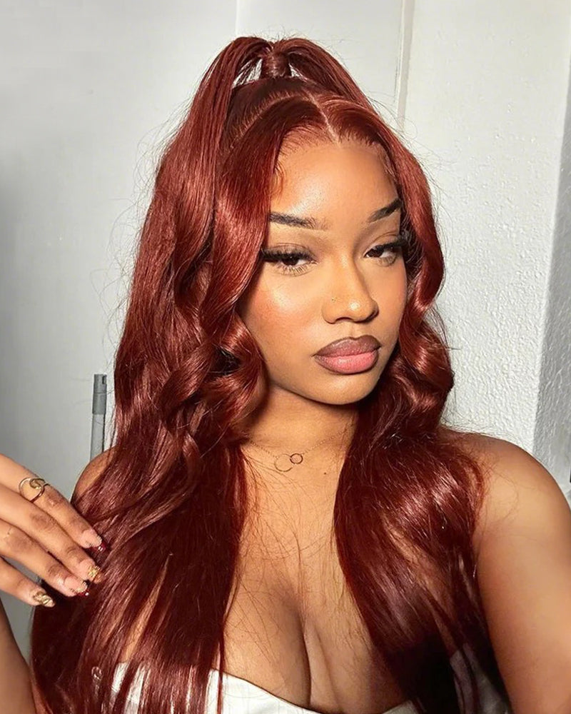 000Reddish Brown Colored Body Wave 13x6 Lace Frontal Human Hair Wigs
