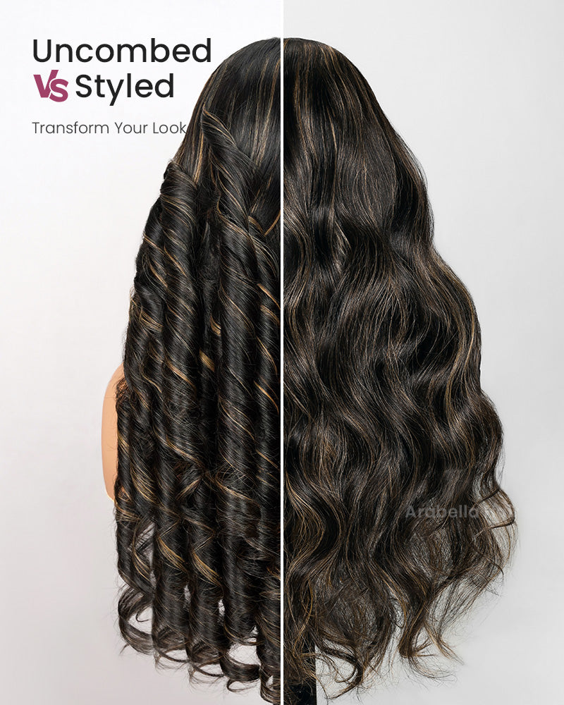 【BOGO】Arabella 6x5 Invisible Knots &amp; 13x4 Frontal Lace Honey Blonde Highlights On Black Body Wave Wig Invisible Knots