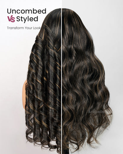【BOGO】Arabella 6x5 Invisible Knots &amp; 13x4 Frontal Lace Honey Blonde Highlights On Black Body Wave Wig Invisible Knots