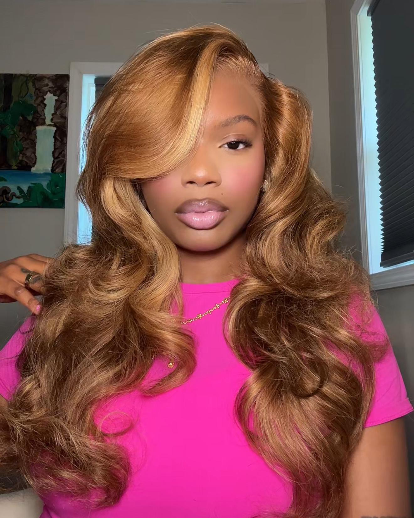 Arabella 13x4/6x5 Lace Honey Blonde Highlights On Brown Wig Body Wave Wig Invisible Knots Realistic Hairline