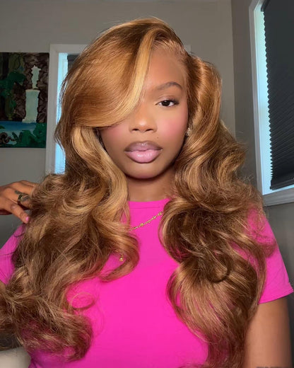 Arabella 13x4/6x5 Lace Honey Blonde Highlights On Brown Wig Body Wave Wig Invisible Knots Realistic Hairline