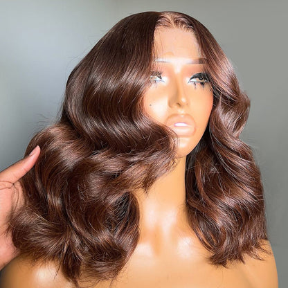 Limited Design Dark Brown Colored Blowout In Wavy Style Glueless 6x5 Pre-Cut Lace Easy-Wear Wig Human Hair Wigs