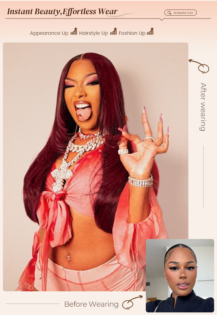 Before and After Wearing Red Wig on Woman