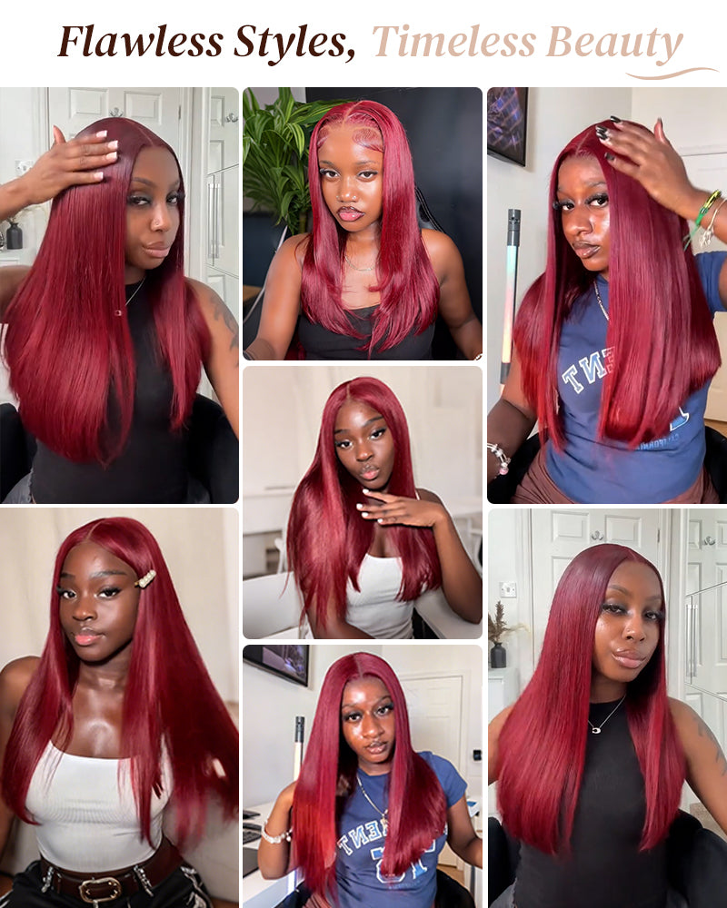 Arabella 6x5 invisible knots Glueless Burgundy Straight Wig Pre-cut Lace Beginner Friendly