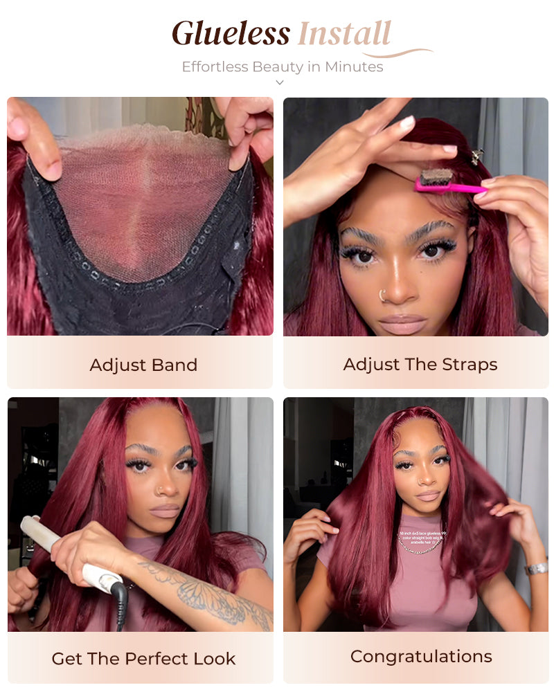 Arabella 6x5 invisible knots Glueless Burgundy Straight Wig Pre-cut Lace Beginner Friendly