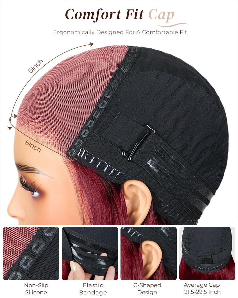 Arabella 6x5 invisible knots Glueless Burgundy Straight Wig Pre-cut Lace Beginner Friendly