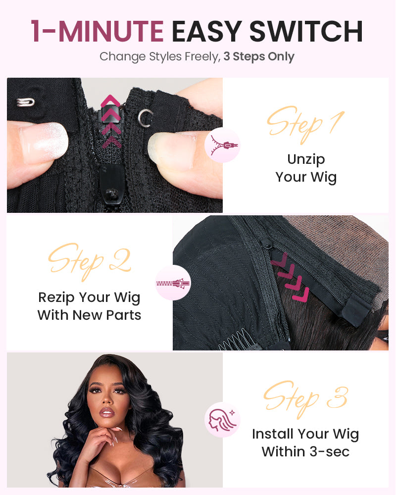 [VIP EXCLUSIVE] ZIP &amp; Mix-All Wigs | Body Wave Natural Black Glueless 6x5 Pre-Cut Lace Wig With Optional Replaceable Tops