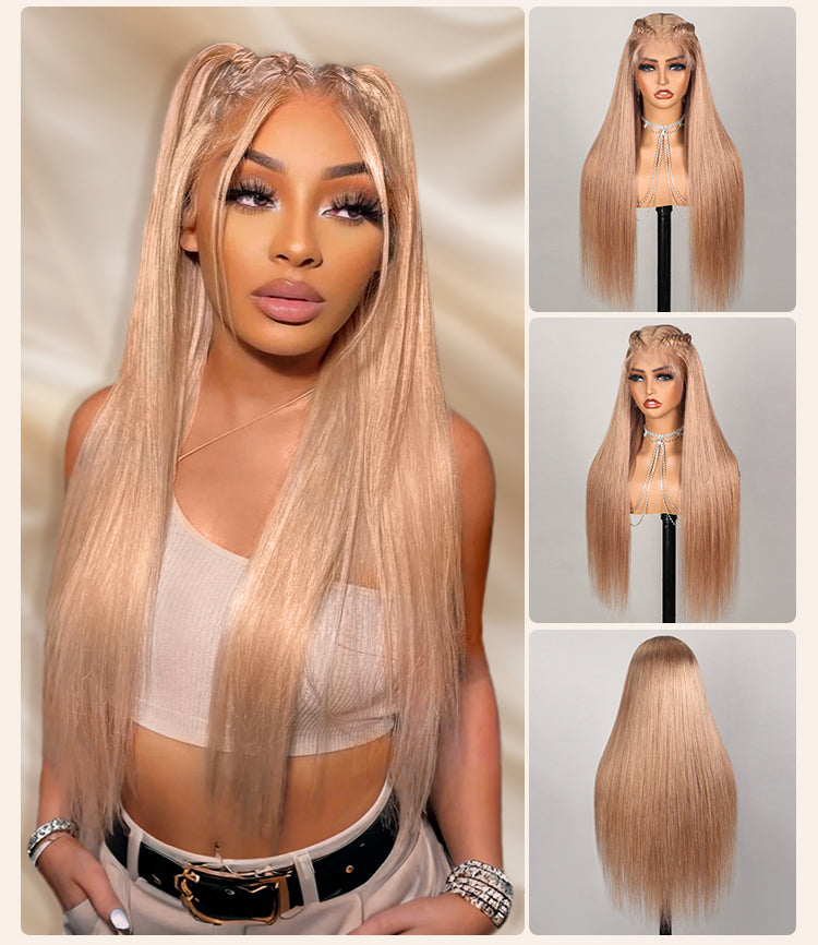 Woman Wearing Ash Honey Blonde Human Wig