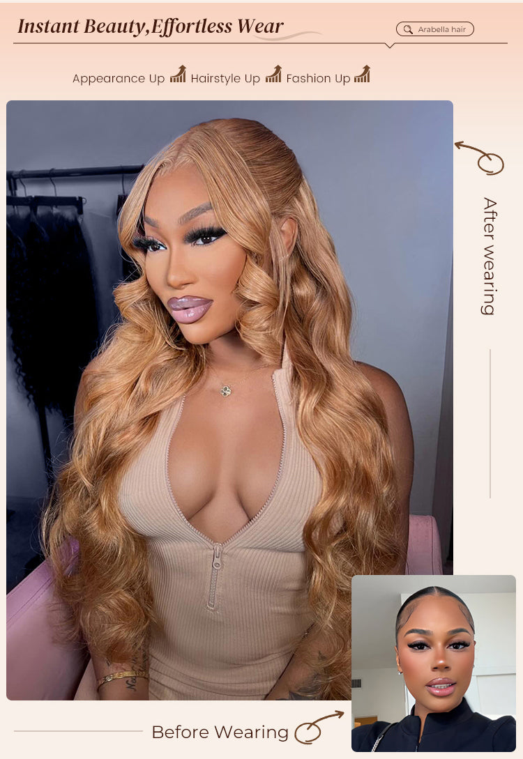 Woman Wearing Ash Honey Blonde Human Wig