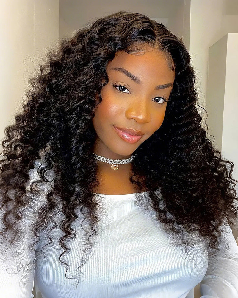 Deep Wave Natural Black 4x4 Lace Human Hair Wig Middle Part
