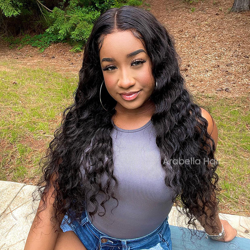 Arabella 6x5 Invisible Knots Glueless &amp; 13x4 Frontal Lace Deep Wave Wig Pre-cut Lace Natural Black Beginner Friendly