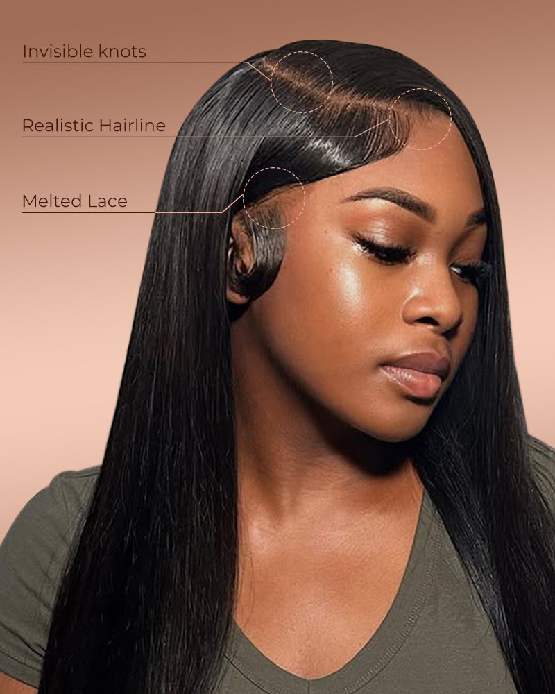 Arabella 6x5 Invisible Knots Glueless &amp; 13x4 Frontal Lace Silky Straight Wig Pre-cut Lace Natural Black Beginner Friendly