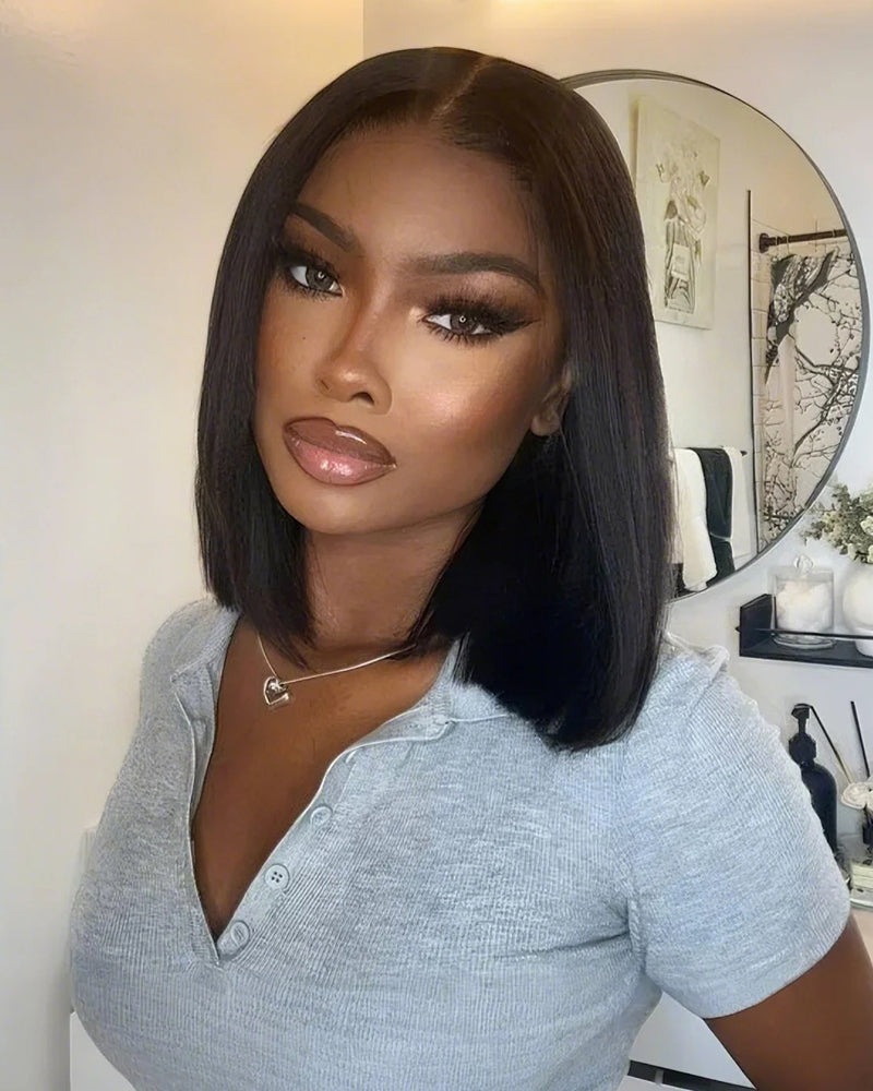 Arabella 6x5 Invisible Knots Glueless &amp; 13x4 Frontal Lace Straight Bob Wig Pre-cut Lace Natural Black Beginner Friendly