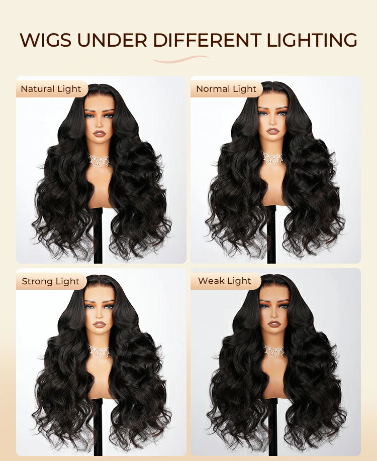 Black human hair wig under different lighting, 13x6 glueless body wave lace front