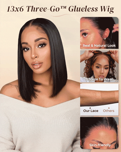 Arabella 13x6 Three-Go™ 250% Density Straight Bob Invisible Knots Natural Black Glueless Beginner Friendly
