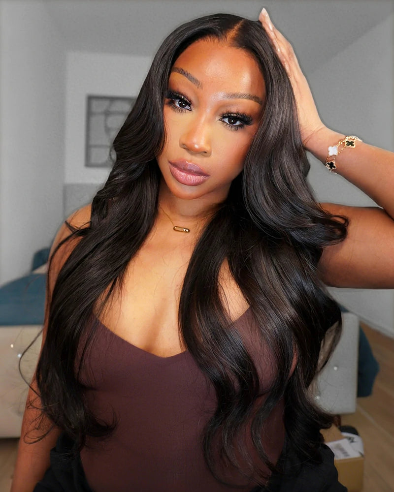 Model wearing black body wave glueless lace front wig, wear-and-go fit