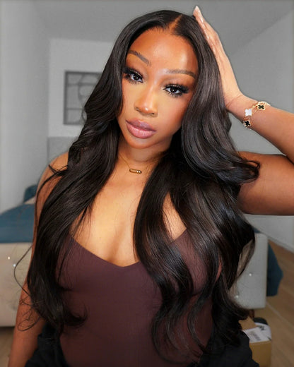 Model wearing black body wave glueless lace front wig, wear-and-go fit