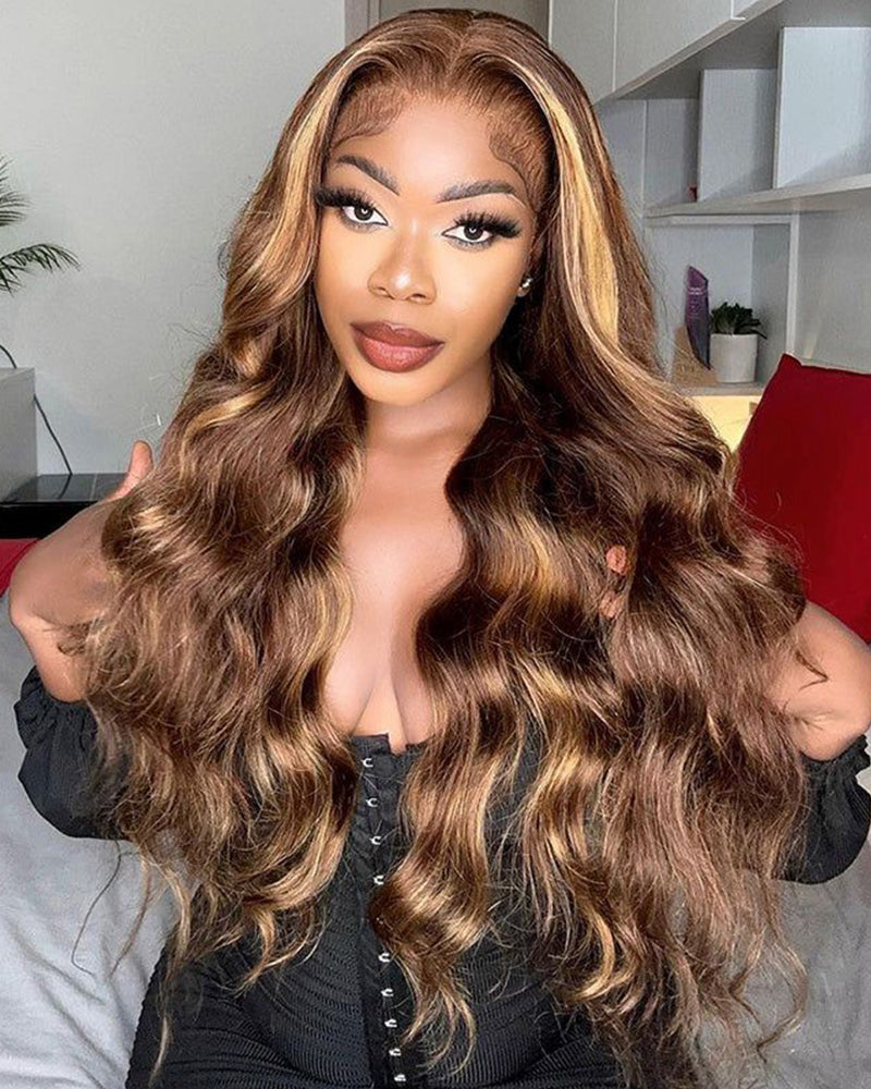 Arabella 13x4 Frontal Lace Honey Blonde Highlights On Brown Wig Body Wave Wig Invisible Knots Realistic Hairline