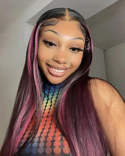 Arabella 13x4 Frontal Lace Purple Highlight Straight Wig Invisible Knots Realistic Hairline