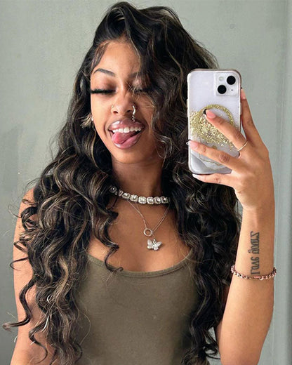【BOGO】Arabella 6x5 Invisible Knots &amp; 13x4 Frontal Lace Honey Blonde Highlights On Black Body Wave Wig Invisible Knots