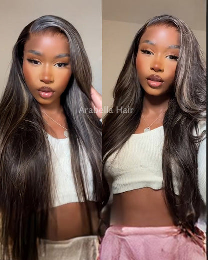 【BOGO】Arabella 6x5 Invisible Knots &amp; 13x4 Frontal Lace Honey Blonde Highlights On Black Body Wave Wig Invisible Knots