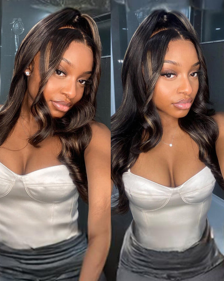 【BOGO】Arabella 6x5 Invisible Knots &amp; 13x4 Frontal Lace Honey Blonde Highlights On Black Body Wave Wig Invisible Knots