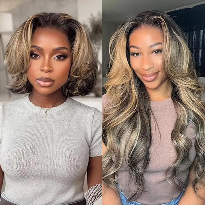Arabella Honey Blonde Highlighted Balayage 13x6 Glueless Wig Dark Roots Loose Body Wave 100% Human Hair Pre-Cut Beginner Friendly Lace Frontal Wig