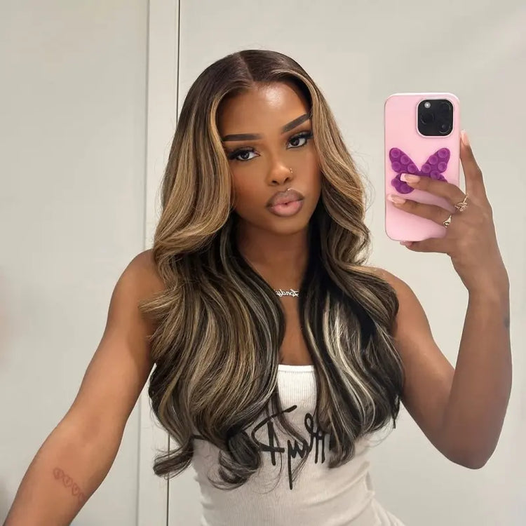 Arabella Honey Blonde Highlighted Balayage 13x6 Glueless Wig Dark Roots Loose Body Wave 100% Human Hair Pre-Cut Beginner Friendly Lace Frontal Wig