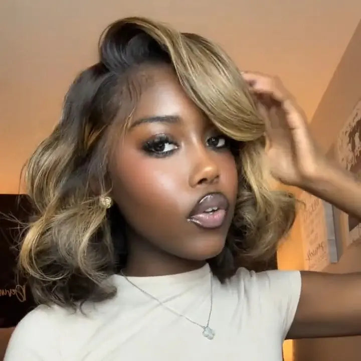 Arabella Honey Blonde Highlighted Balayage 13x6 Glueless Wig Dark Roots Loose Body Wave 100% Human Hair Pre-Cut Beginner Friendly Lace Frontal Wig