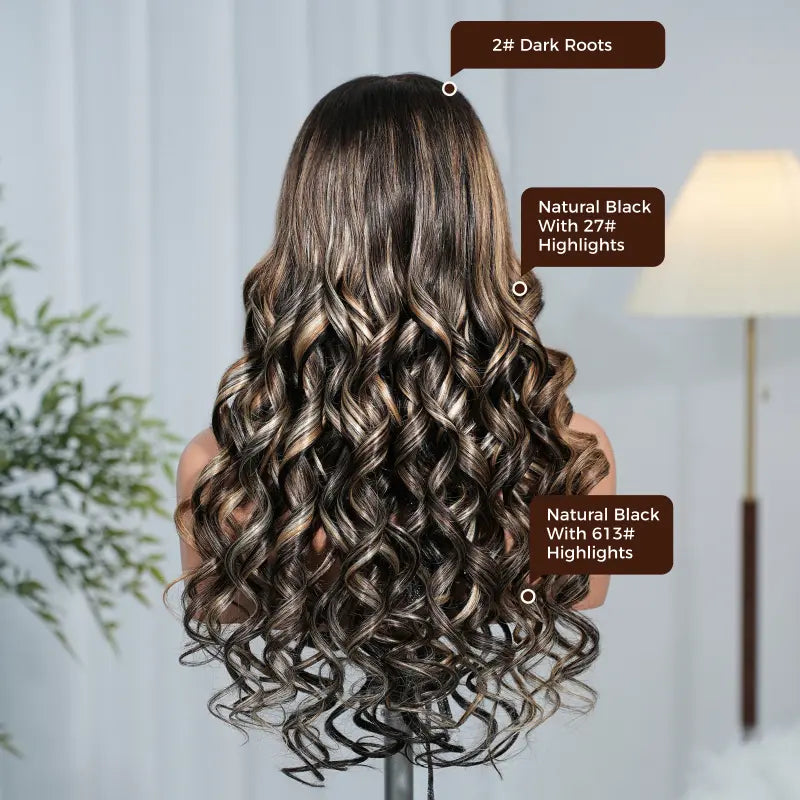 Arabella Honey Blonde Highlighted Balayage 13x6 Glueless Wig Dark Roots Loose Body Wave 100% Human Hair Pre-Cut Beginner Friendly Lace Frontal Wig