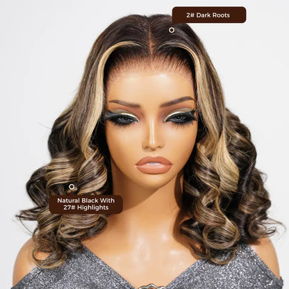 Arabella Honey Blonde Highlighted Balayage 13x6 Glueless Wig Dark Roots Loose Body Wave 100% Human Hair Pre-Cut Beginner Friendly Lace Frontal Wig