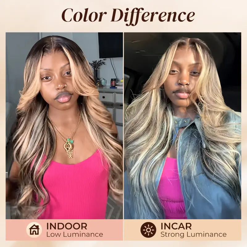 Arabella Honey Blonde Highlighted Balayage 13x6 Glueless Wig Dark Roots Loose Body Wave 100% Human Hair Pre-Cut Beginner Friendly Lace Frontal Wig
