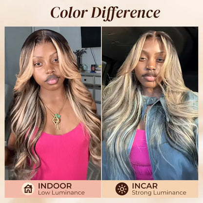Arabella Honey Blonde Highlighted Balayage 13x6 Glueless Wig Dark Roots Loose Body Wave 100% Human Hair Pre-Cut Beginner Friendly Lace Frontal Wig