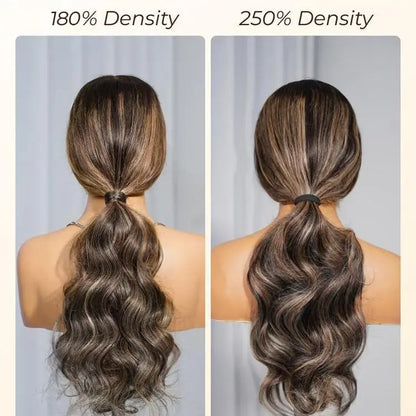 Arabella Honey Blonde Highlighted Balayage 13x6 Glueless Wig Dark Roots Loose Body Wave 100% Human Hair Pre-Cut Beginner Friendly Lace Frontal Wig