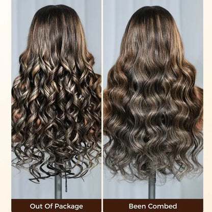 Arabella Honey Blonde Highlighted Balayage 13x6 Glueless Wig Dark Roots Loose Body Wave 100% Human Hair Pre-Cut Beginner Friendly Lace Frontal Wig