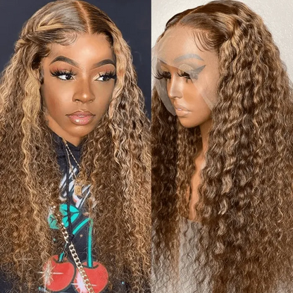13X4 Lace 26" Honey Blonde Piano Highlights Color Lace Front Deep Wave Human Hair Wigs
