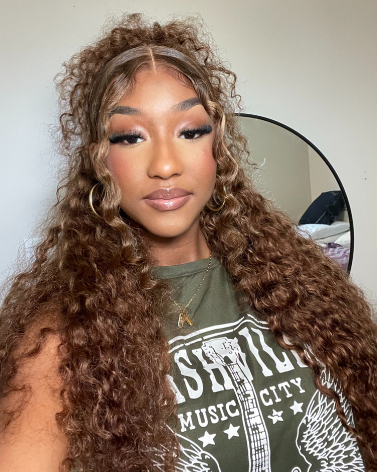 000Arabella 13x4 Frontal Lace &amp; 6x5 Invisible Knots Glueless Honey Blonde Highlights On Brown Wig Water Wave Wig Invisible Knots