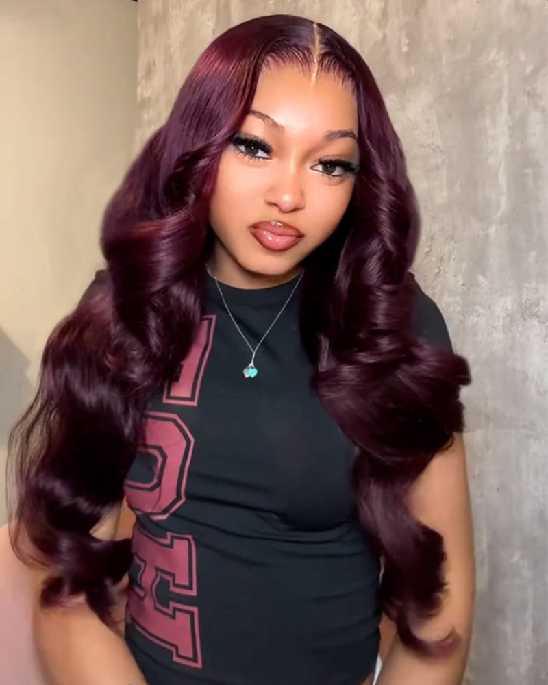 【$299 = 2 WIGS】Arabella 13x4 Frontal Lace Dark Plum Body Wave Wig Invisible Knots Realistic Hairline