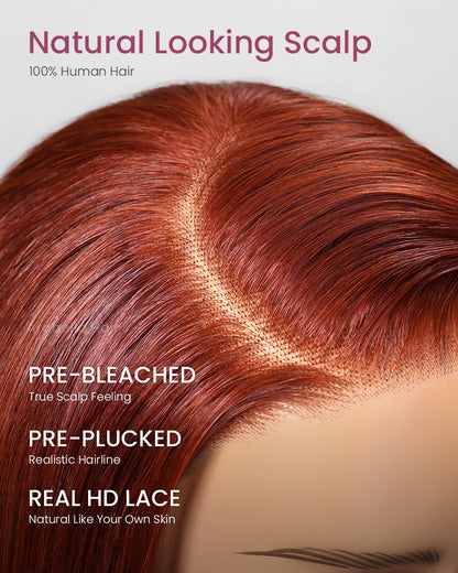 Reddish Brown Auburn Color Straight Short Bob 6x5 Lace Front Human Hair Wigs