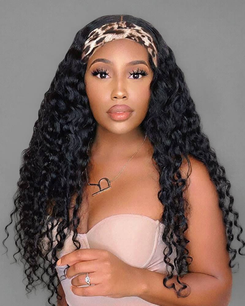 【BOGO】Water Wave Natural Black Wig Easy Wear Glueless Headband Human Hair Wig 24