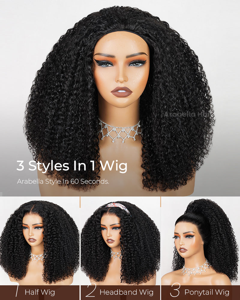 Arabella 3 In 1 Half Wig Glueless Jerry Curly Wig Invisi Drawstring Natural Black Endless Protective Styles