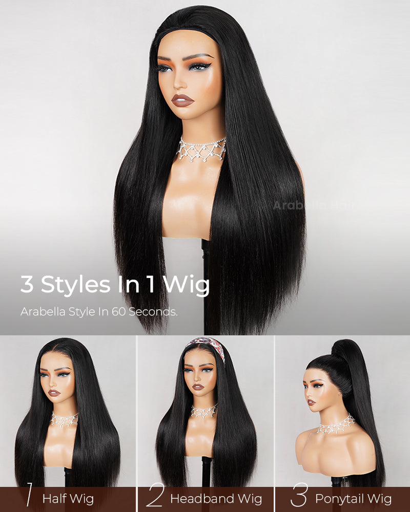 Arabella 3 In 1 Half Wig Glueless Silky Straight Wig Invisi Drawstring Natural Black Endless Protective Styles