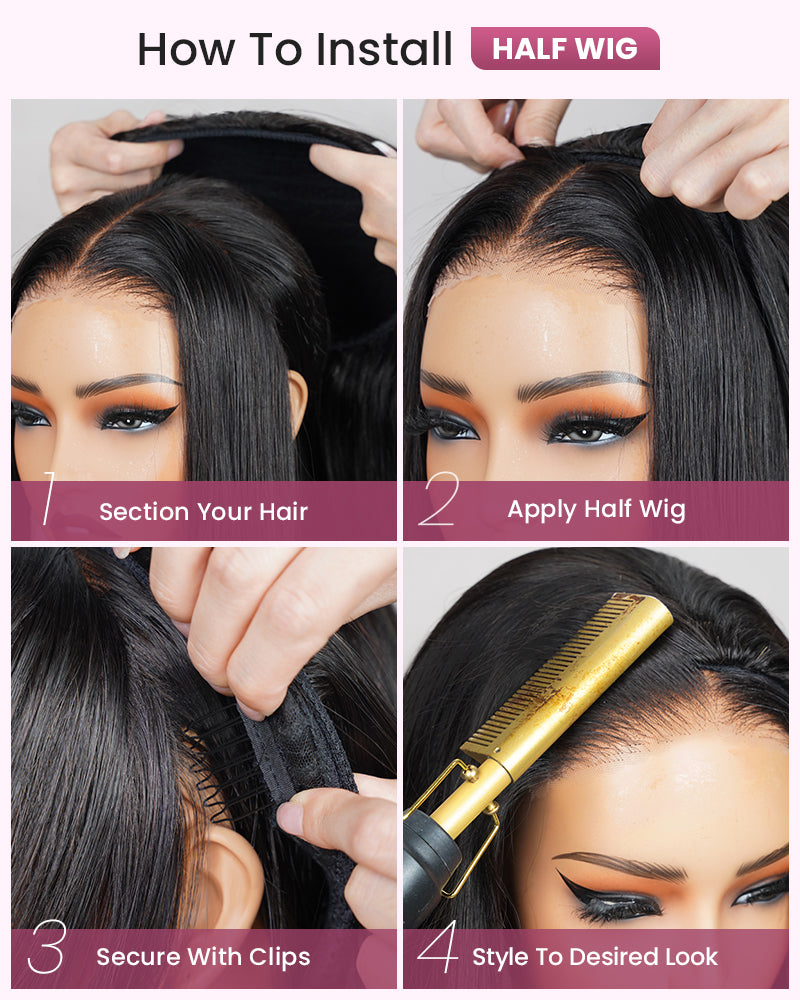 Arabella 3 In 1 Half Wig Glueless Yaki Straight Wig Invisi Drawstring Natural Black Endless Protective Styles