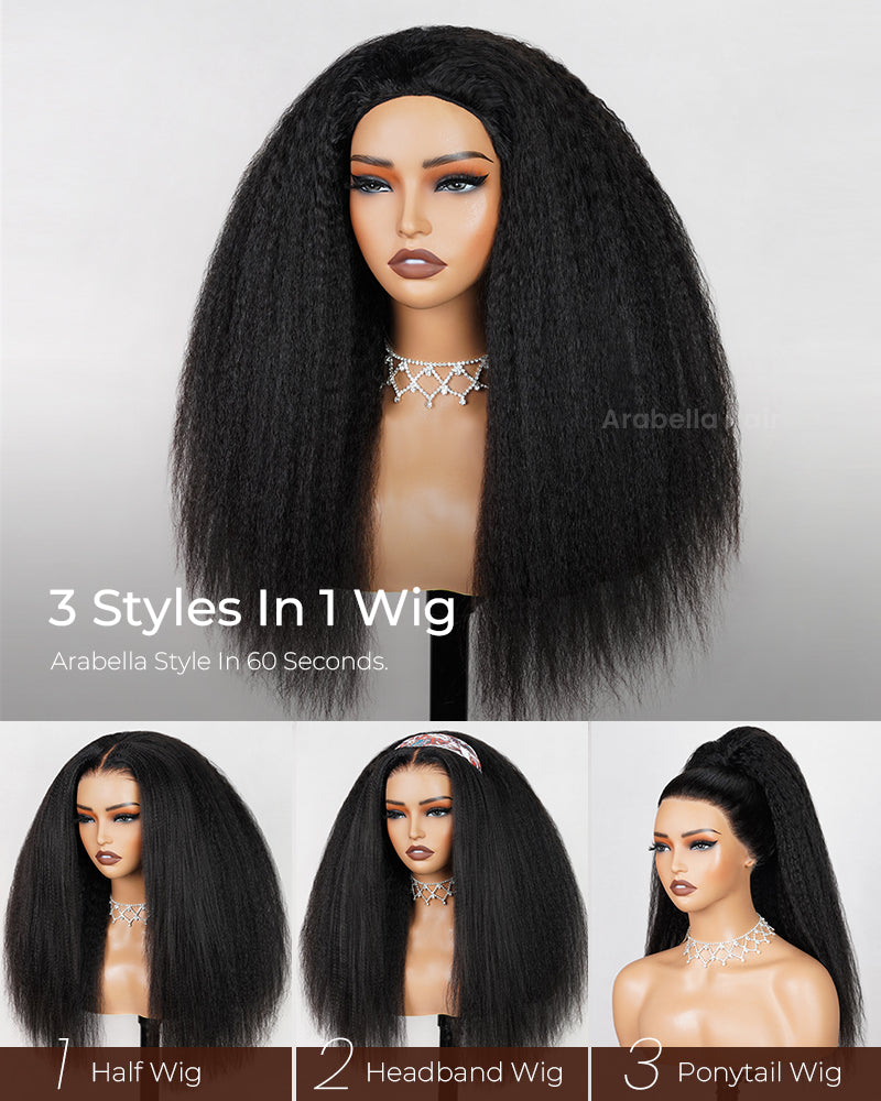 Arabella 3 In 1 Half Wig Glueless Yaki Straight Wig Invisi Drawstring Natural Black Endless Protective Styles