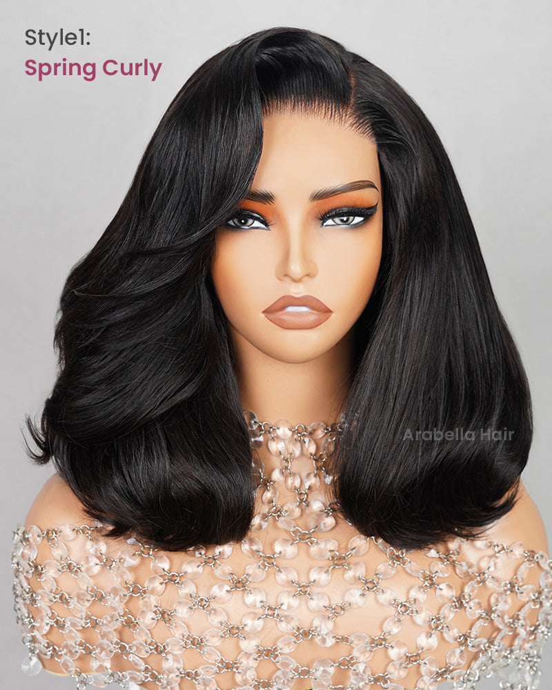 Spring Curly Natural Black Layered Short Bob 6x5 Pre-Cut Lace Human Hair Wig