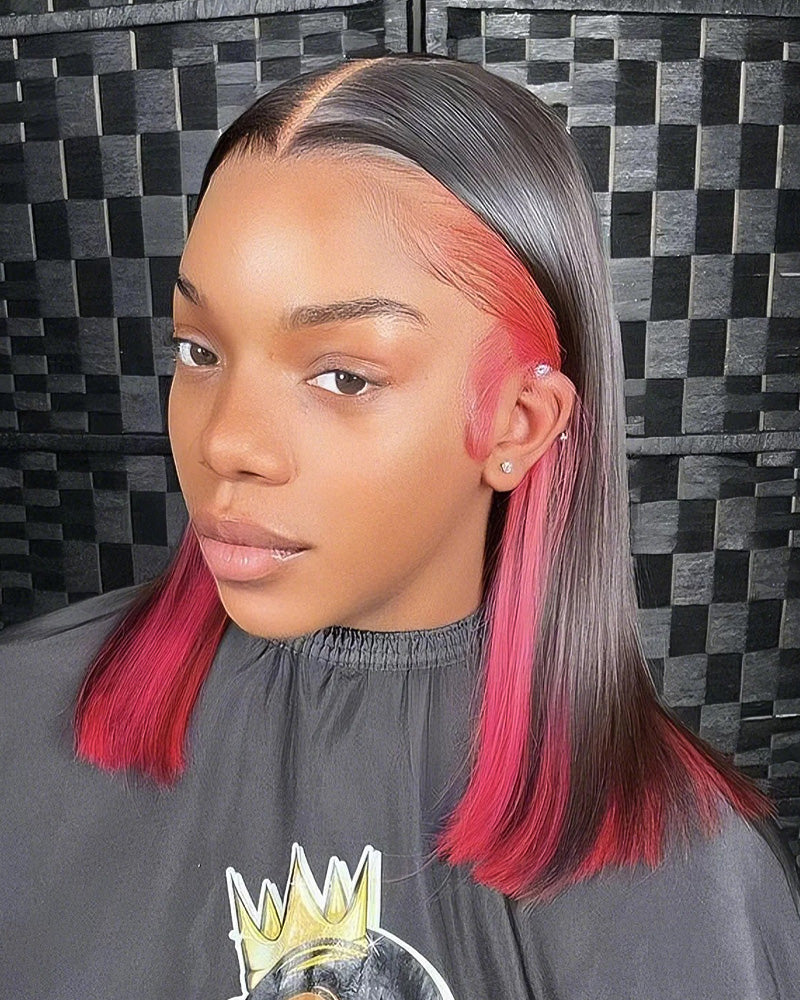 Red Peekaboo Highlights Color Short Bob Straight 13x4 Lace Front Human Hair Wigs