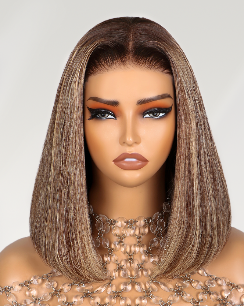 Arabella 6x5 invisible knots Glueless Honey Blonde Highlights On Black Straight Bob Wig Pre-cut Lace Beginner Friendly