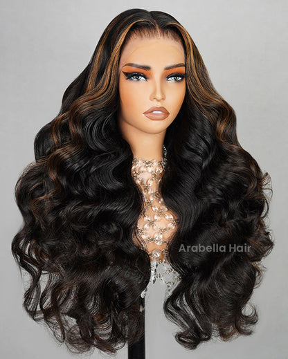Arabella 13x4/6x5 Lace Glueless Auburn Highlights on Black Hair Body Wave Wig Invisible Knots Realistic Hairline