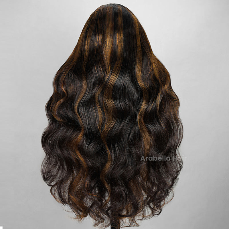 Arabella 13x4 Frontal Lace Auburn Highlights on Black Hair Body Wave Wig Invisible Knots Realistic Hairline