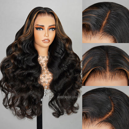 Arabella 13x4 Frontal Lace Auburn Highlights on Black Hair Body Wave Wig Invisible Knots Realistic Hairline